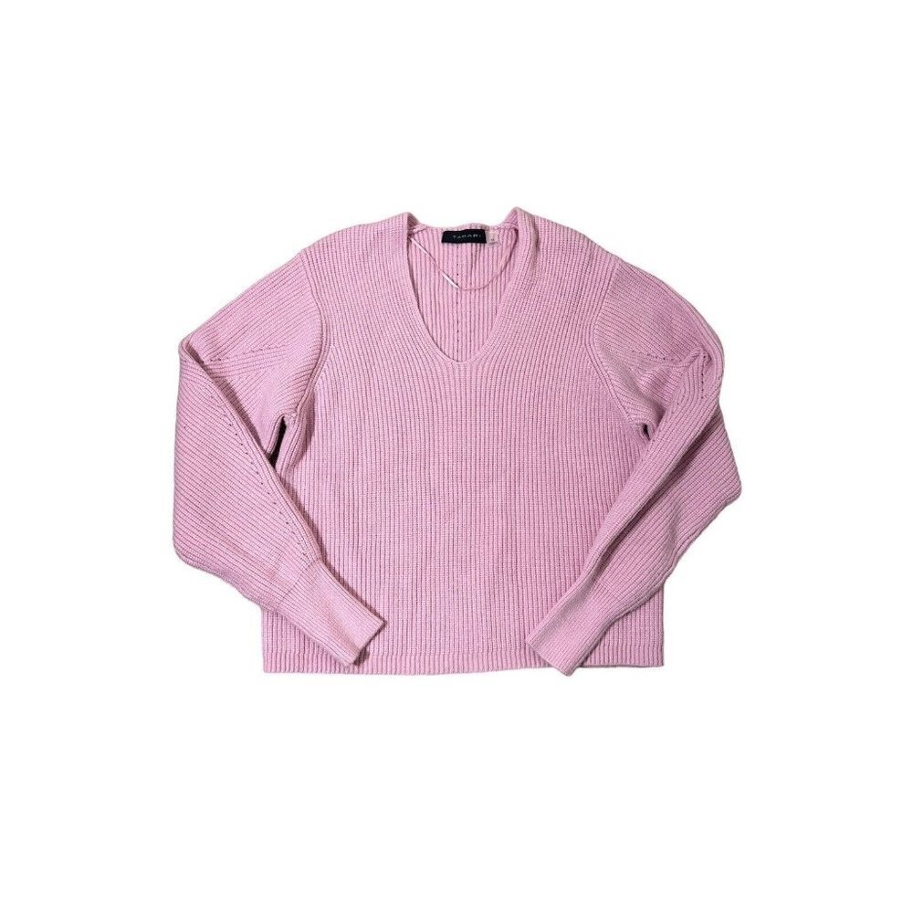 Tahari Womens Super Soft Puff Sleeve Pink V Neck Sweater Oversized Size XS